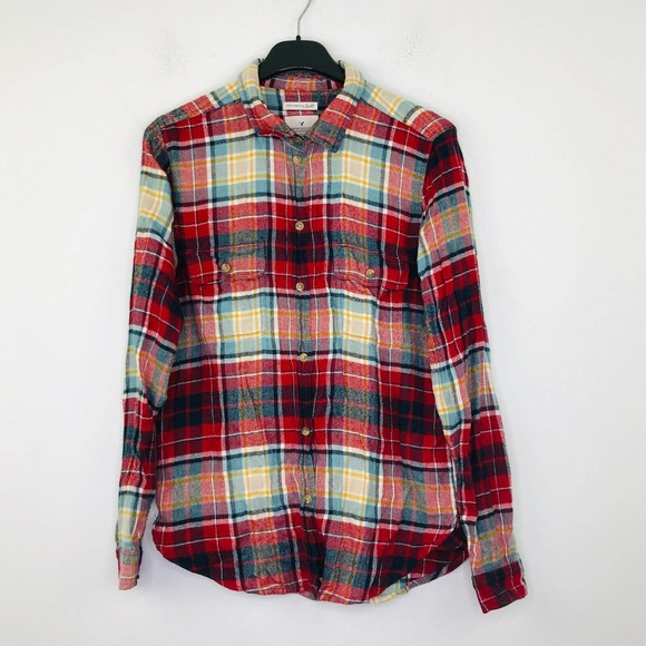 American Eagle Outfitters Tops - American Eagle Women's Medium Shirt Red Gray Plaid Slim Fit Soft Flannel CP6
